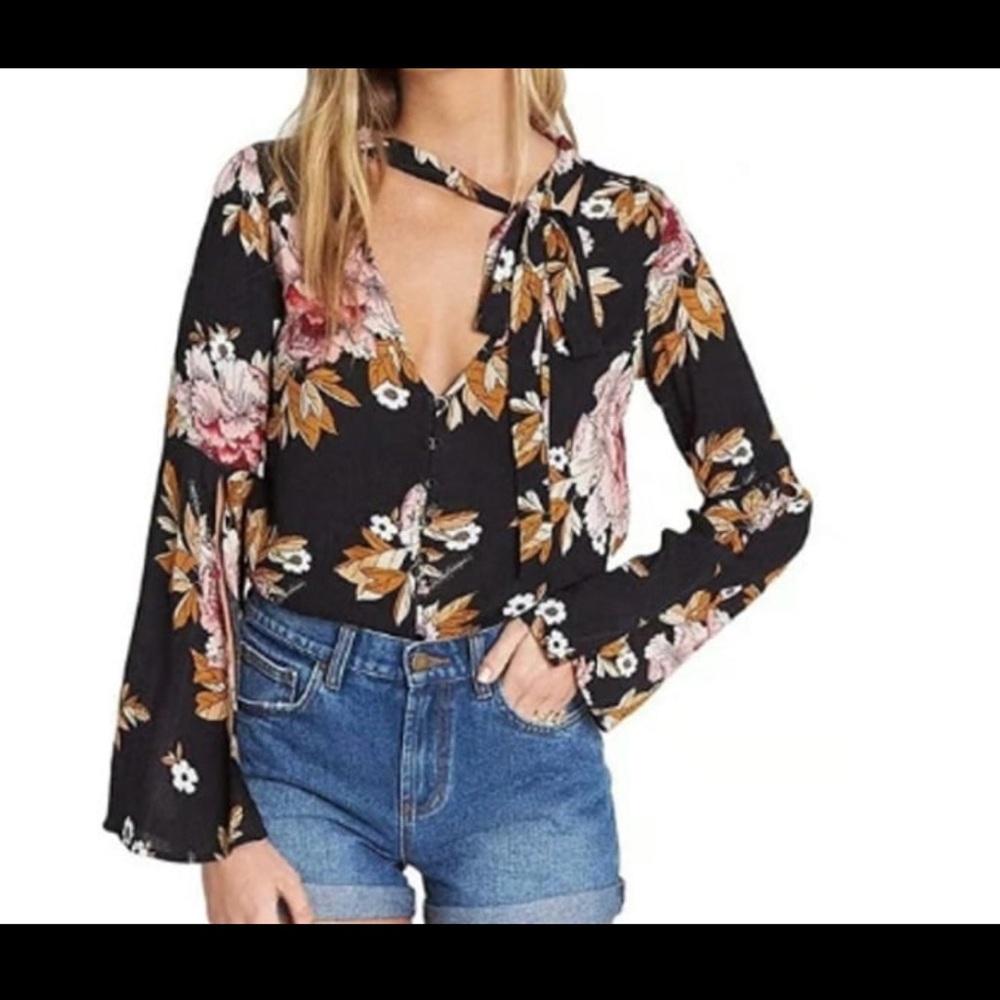 Billabong Lust Linger Bell Sleeve Tie Neck Top Size L Black Pink Bohemian Hippie